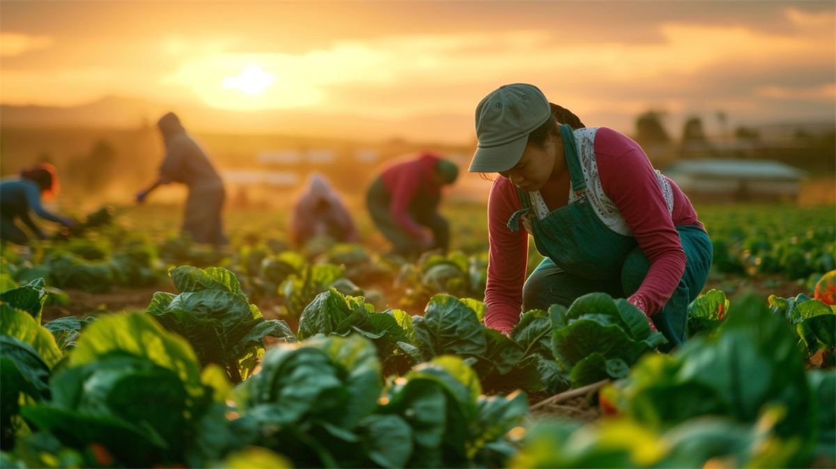 Women working in an agricultural field at sunset